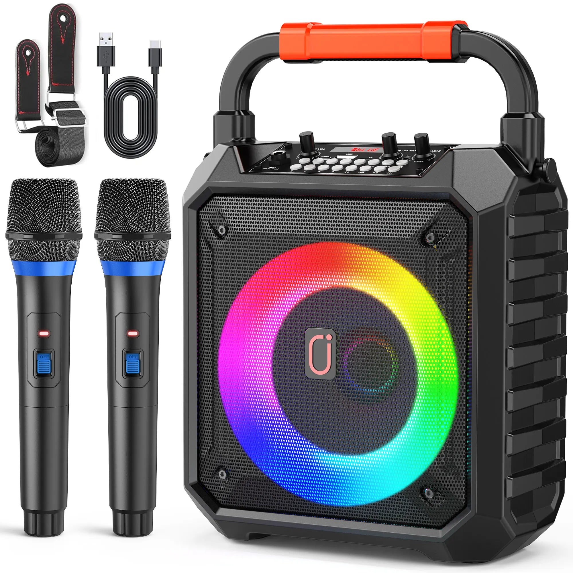 Karaoke Machine with 2 Wireless Microphones, Portable Speaker with LED Lights for Kids and Adults, Supports Bluetooth/USB/TF/AUX