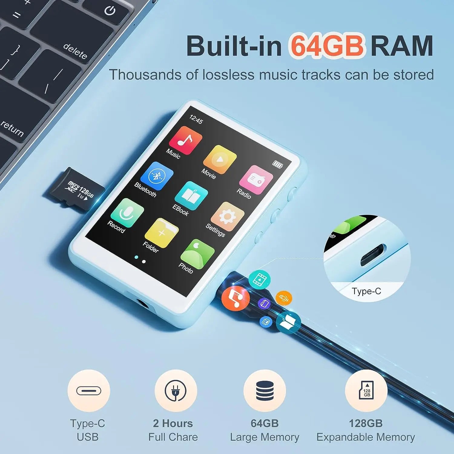64GB MP3 Player 2.4-inch Full Touchscreen with Bluetooth 5.0 Portable HiFi Lossless Sound with Speaker Headphones