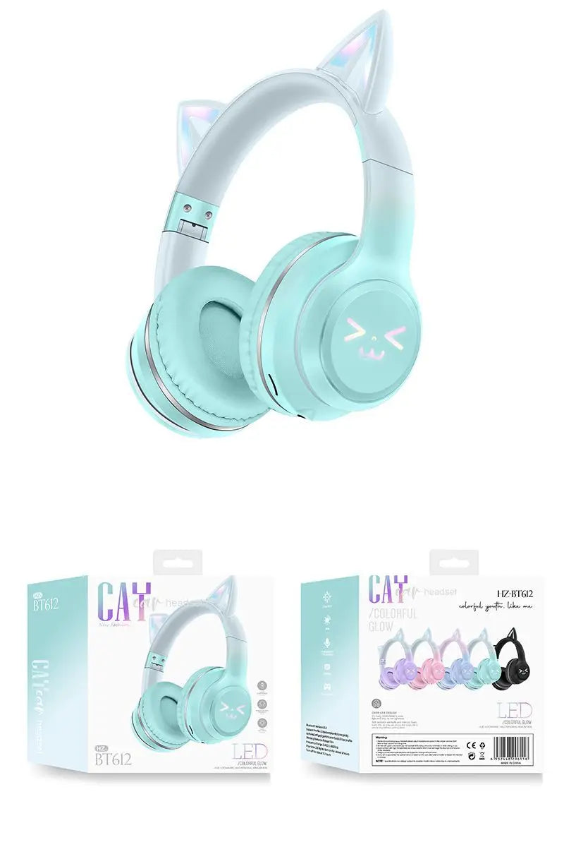Wireless Headphones RGB Cute Cat Girls Kids Gift Headset with Microphone Stereo Music Gaming Earbud Control Lights Earphone
