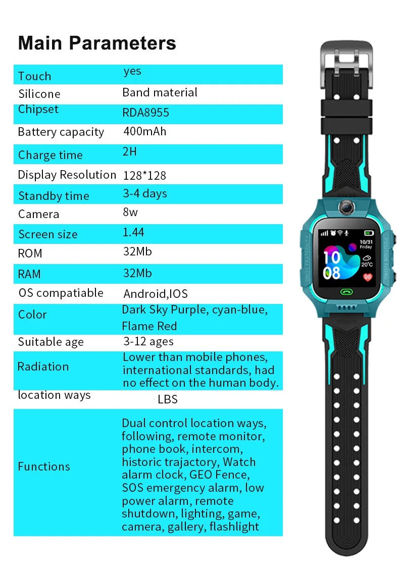 Q19B Children Kids Smart Watch SOS Phone Call Location Tracker Anti-Lost Camera Touch Screen Waterproof Student Wristwatch