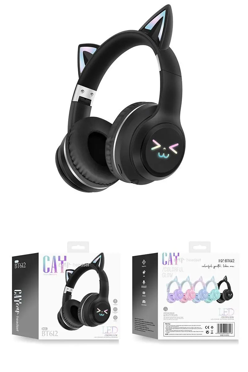 Wireless Headphones RGB Cute Cat Girls Kids Gift Headset with Microphone Stereo Music Gaming Earbud Control Lights Earphone