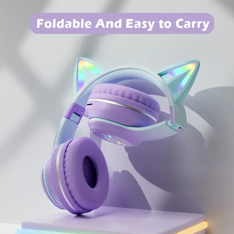 Wireless Headphones RGB Cute Cat Girls Kids Gift Headset with Microphone Stereo Music Gaming Earbud Control Lights Earphone